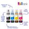 Four Epson ink bottles in Black, Cyan, Magenta and Yellow lined up side by side. Advantages: Ink lasting three years, contains 72 cartridges, 90% ink savings, no waste.