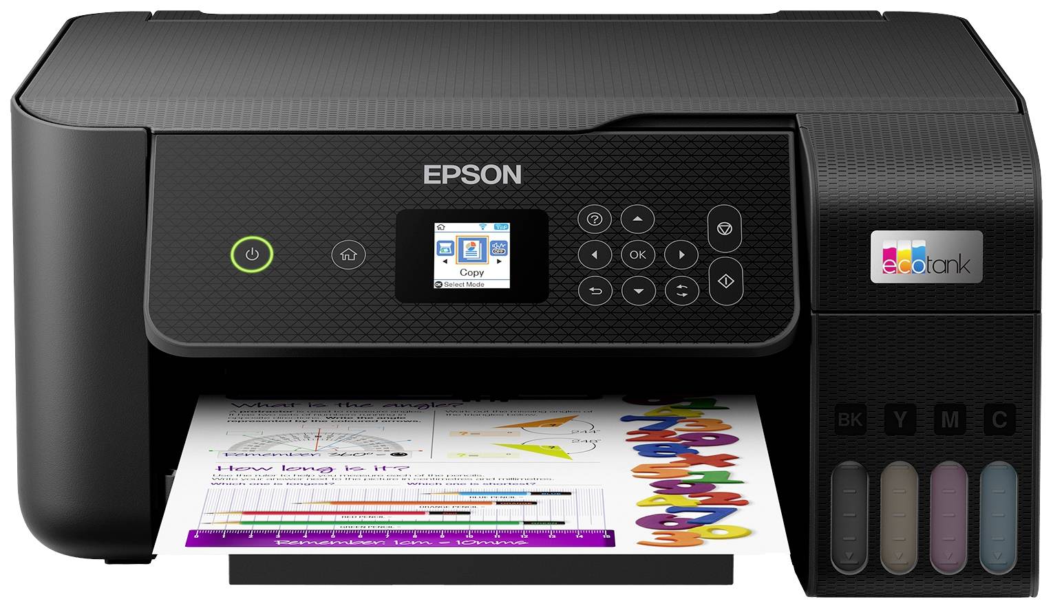 A multifunction printer with a printout displaying diagrams and colourful letters. Ink tank markers are visible.