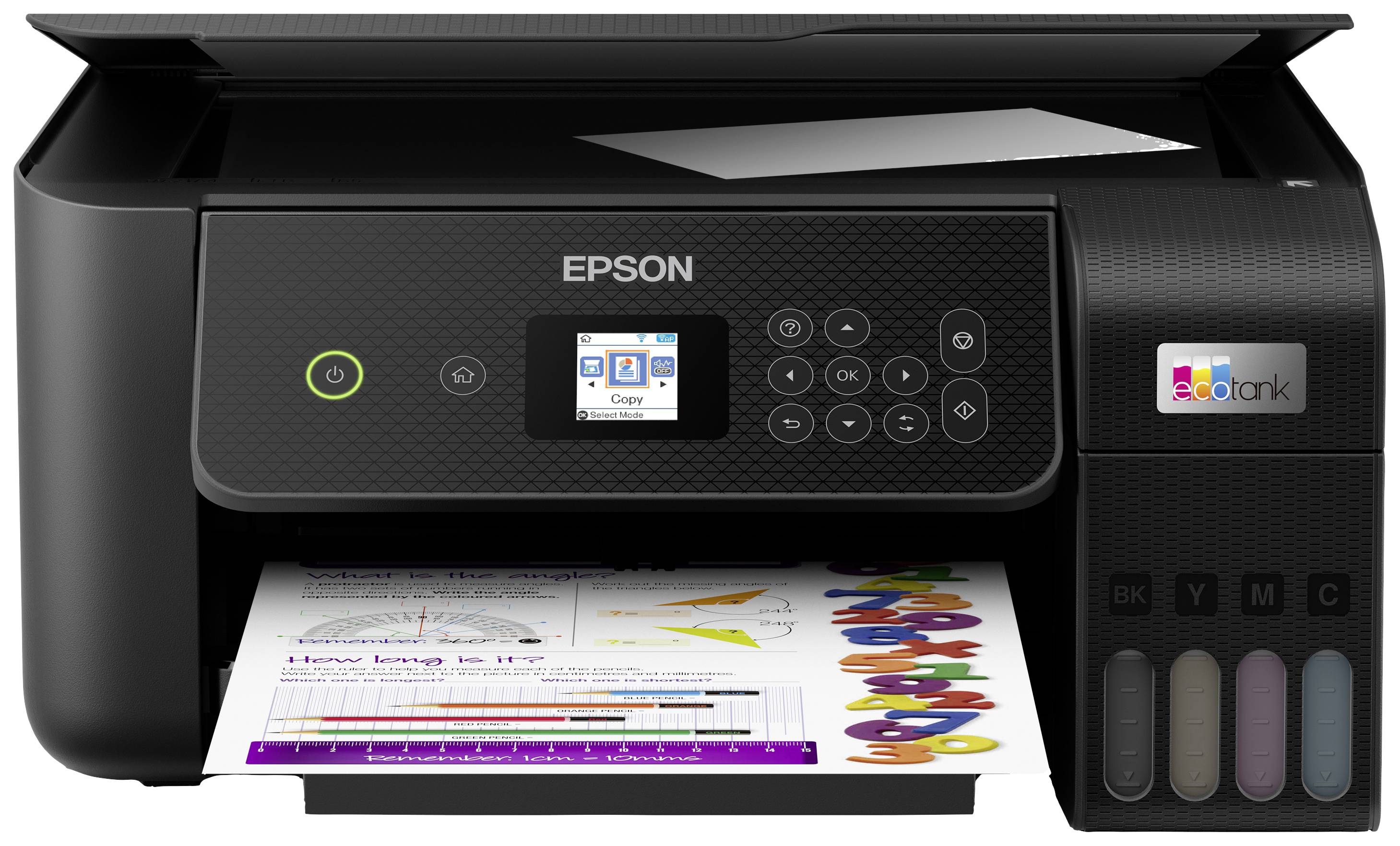 A black multifunction printer is printing a sheet with colourful diagrams and text. The printer display shows the copy menu.