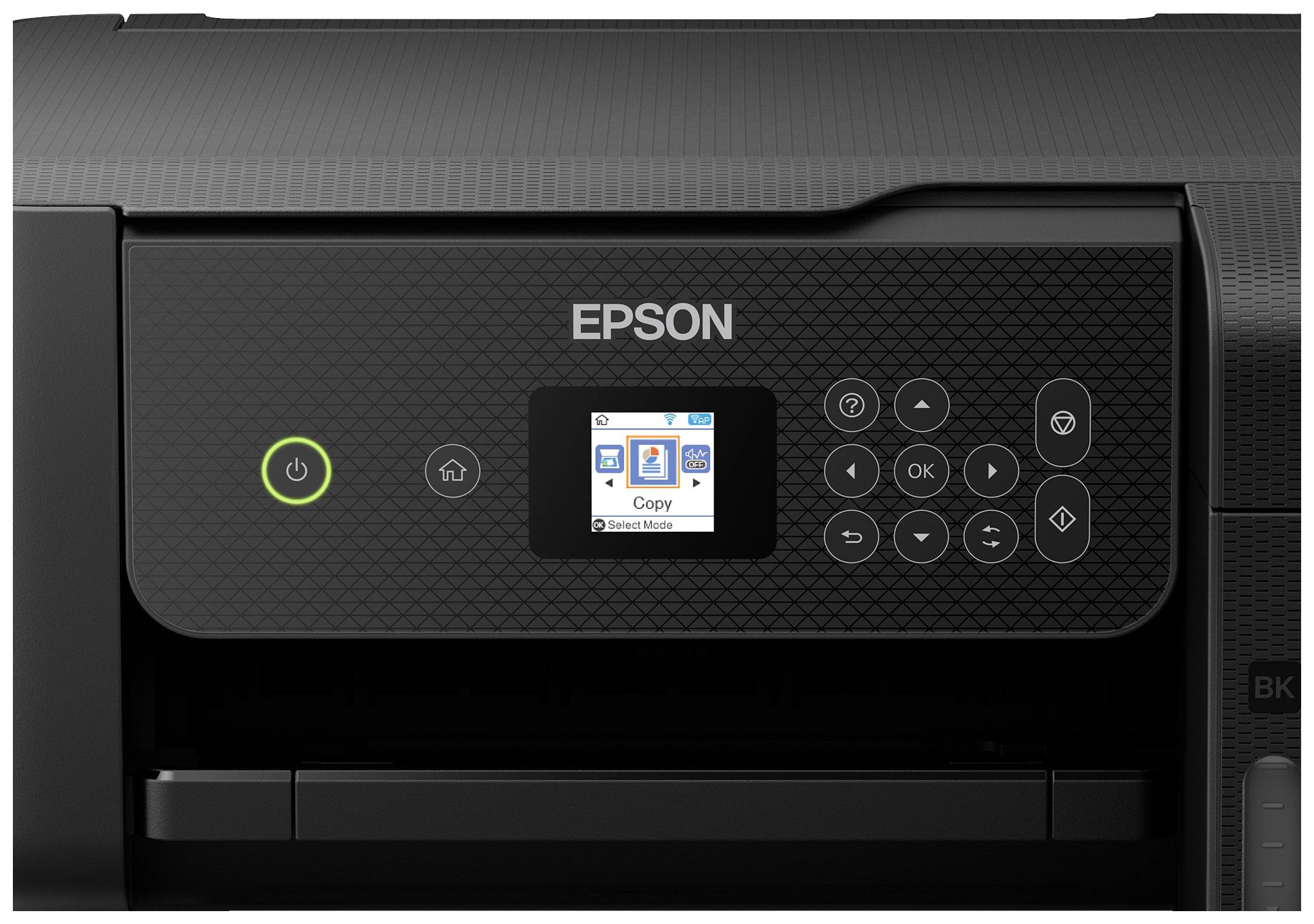 Inkjet printer with a display showing the 'Copy' option. Power button and navigation buttons are visible.