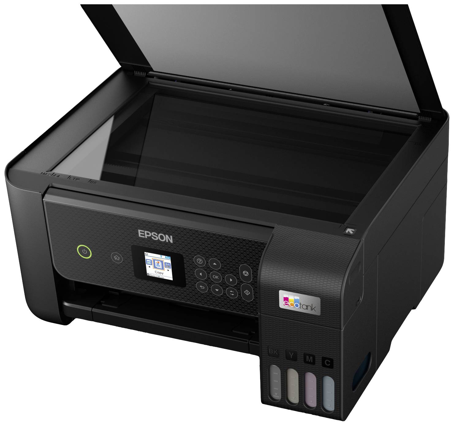 A black multi-function Epson printer with an open scanner lid and visible ink tanks at the side.