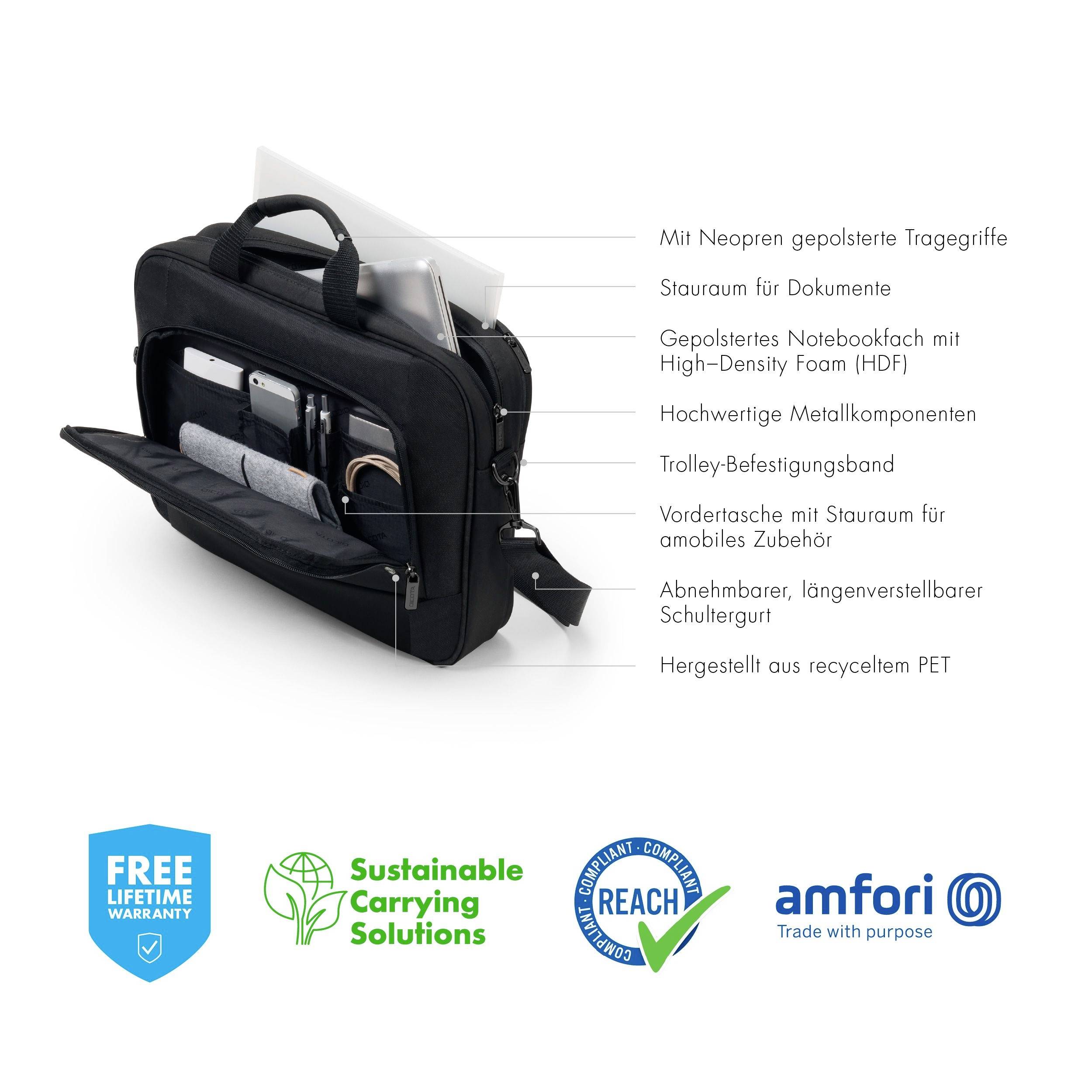 A black laptop bag with carry handles displays features: padded notebook compartment, metal details, front pocket for accessories, made from recycled PET. Symbols for warranty and sustainability.