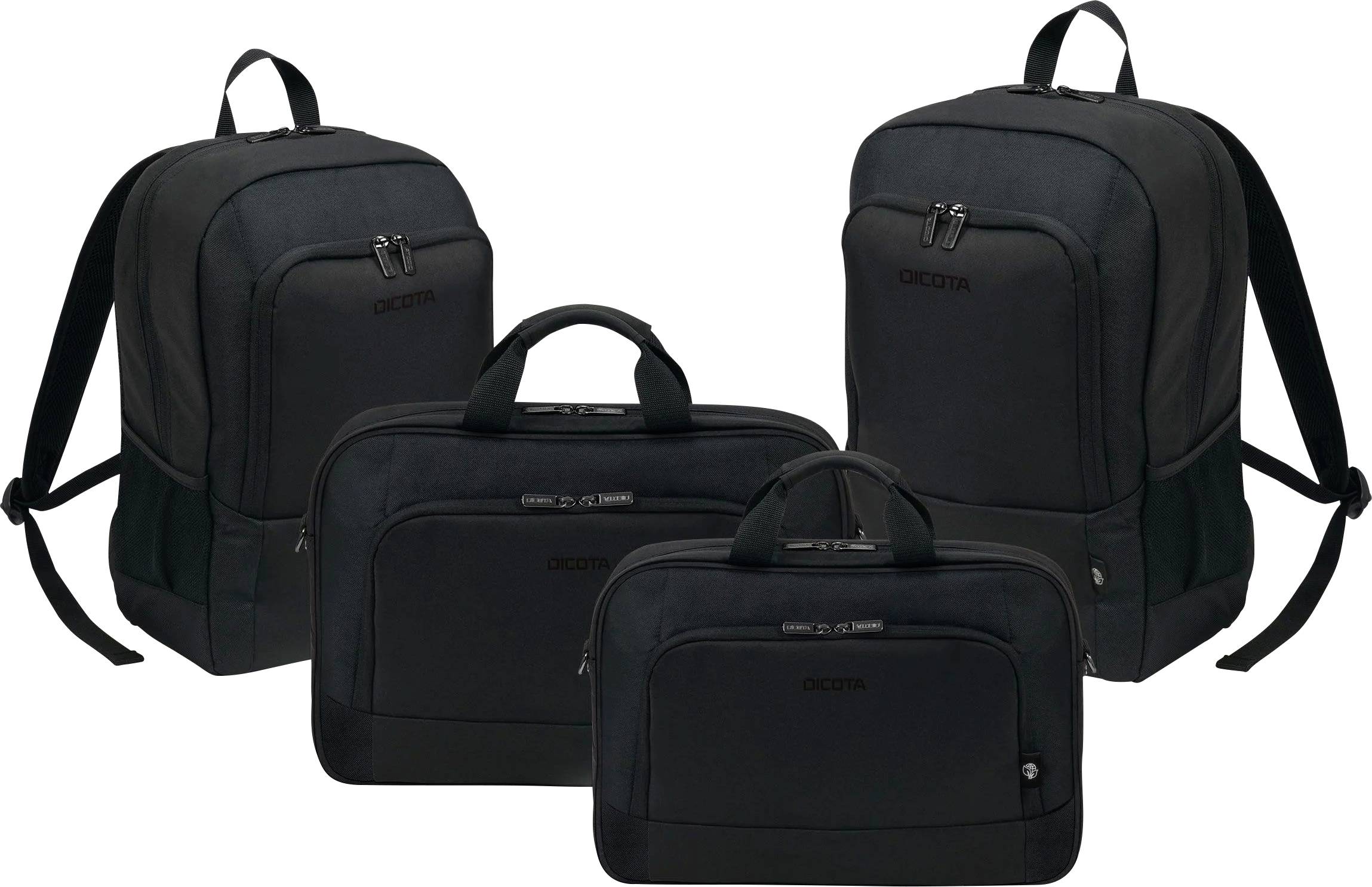 Four black bags, two rucksacks and two laptop bags, stand against a white background. All bear the same logo.