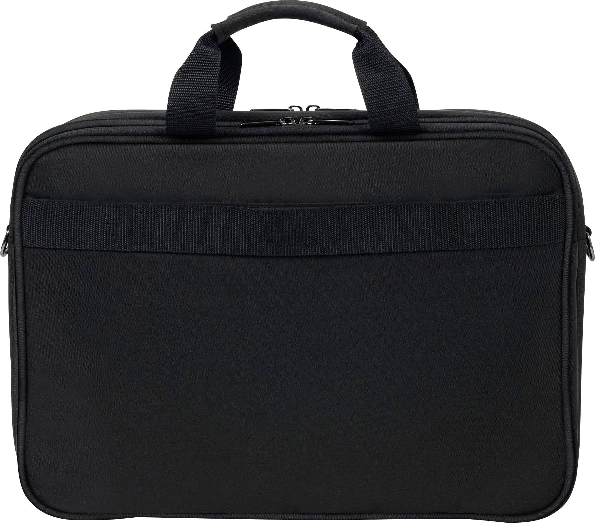 Black laptop bag with two handles, minimalist design, suitable for safely transporting laptops.