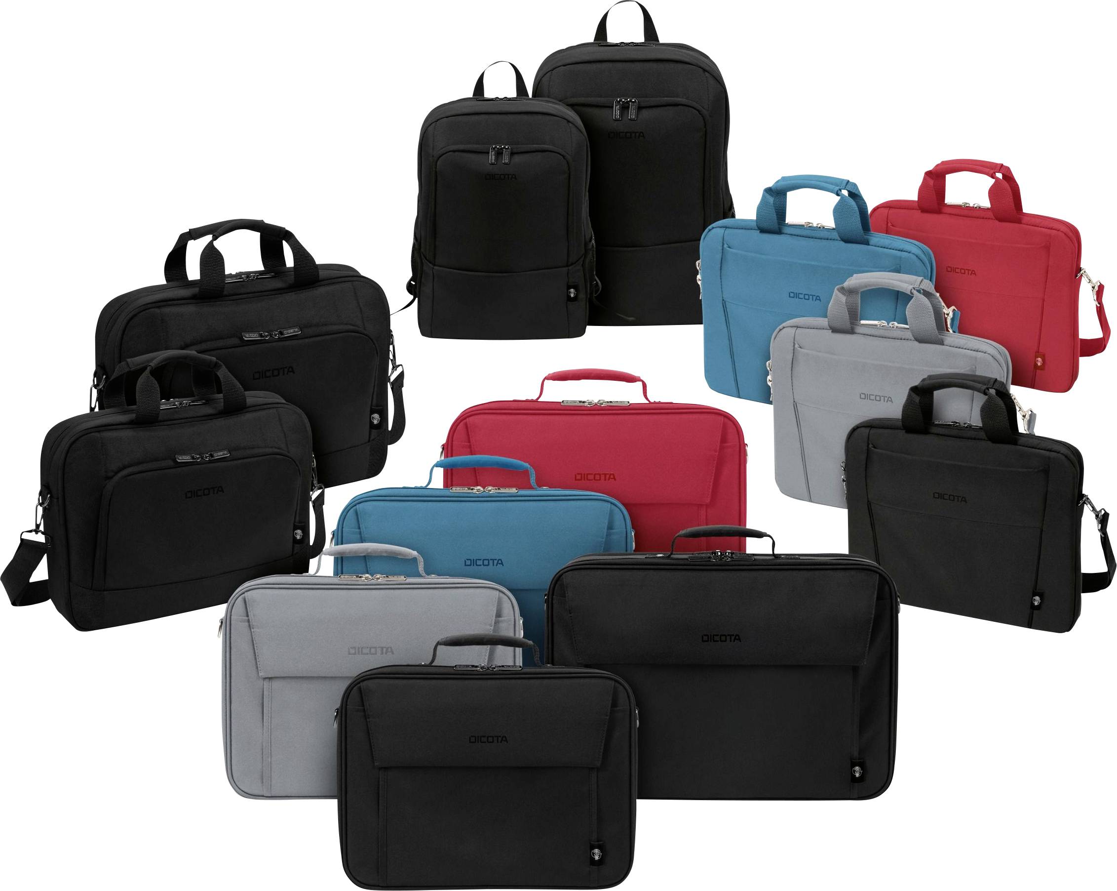 Various bags in black, red, blue and grey; sizes vary, suitable for laptops and travelling.