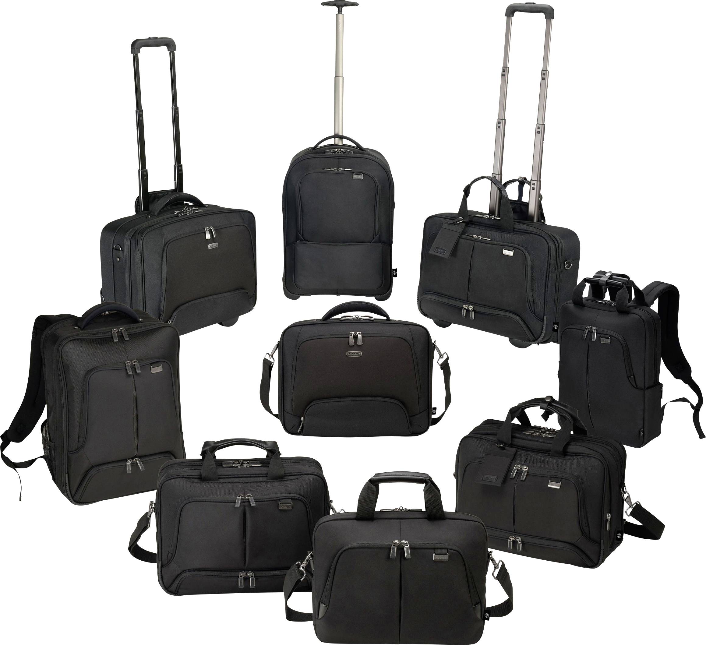 Various black travel luggage pieces with wheels and handles, including rucksacks and suitcases, arranged in a semicircle.