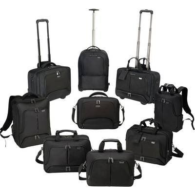 Various black travel luggage pieces with wheels and handles, including rucksacks and suitcases, arranged in a semicircle.