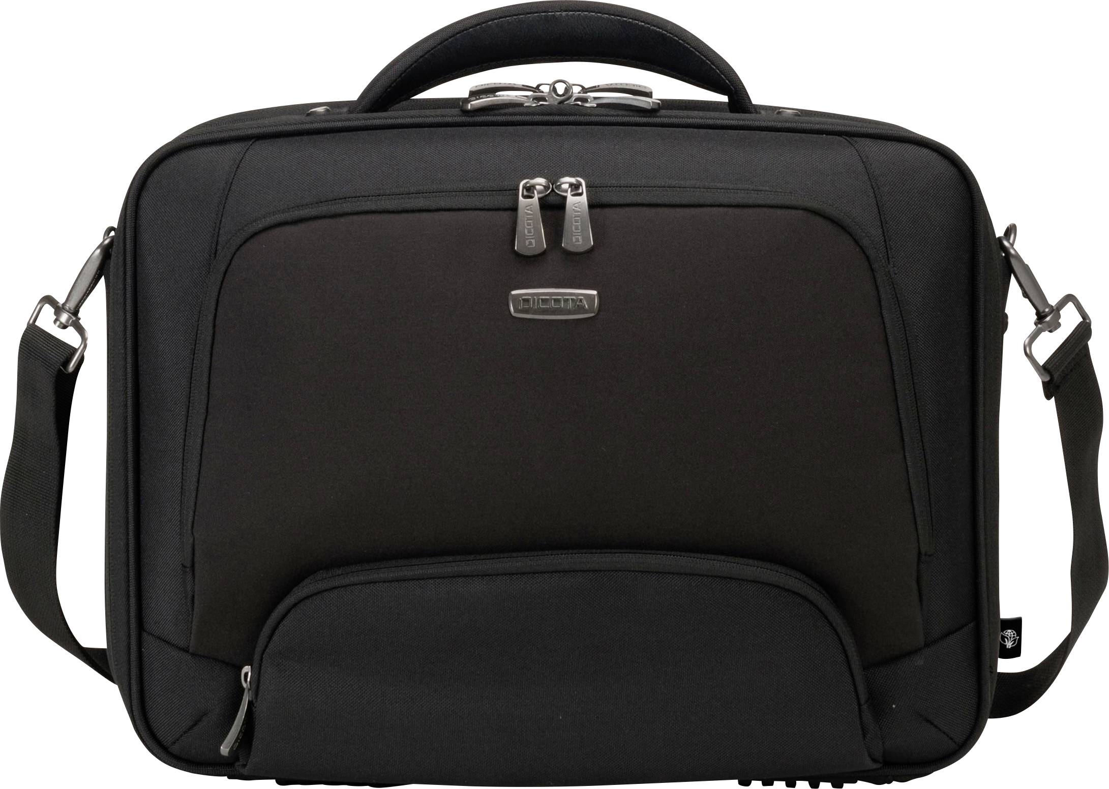 A black briefcase with shoulder strap and zips, suitable for laptops. Ideal for business or professional purposes.