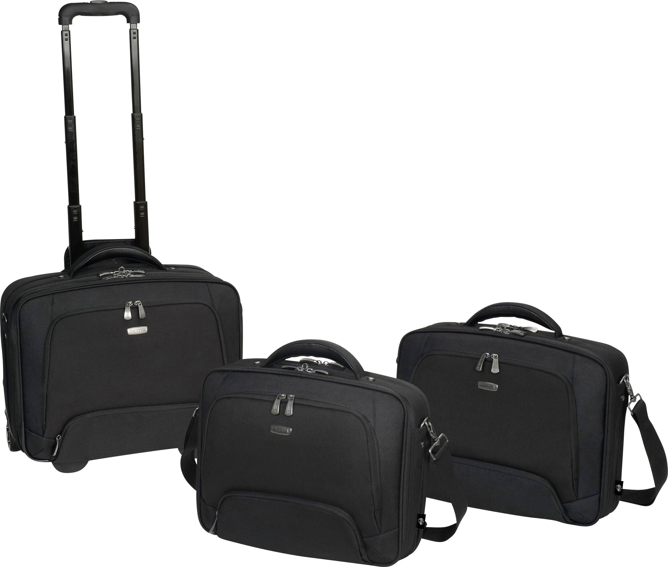 Three black travel bags; one with wheels and an extendable handle, two with carry handles. Ideal for business trips.