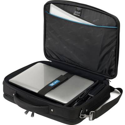 An open black laptop bag with a laptop and a document compartment containing a white sheet of paper.