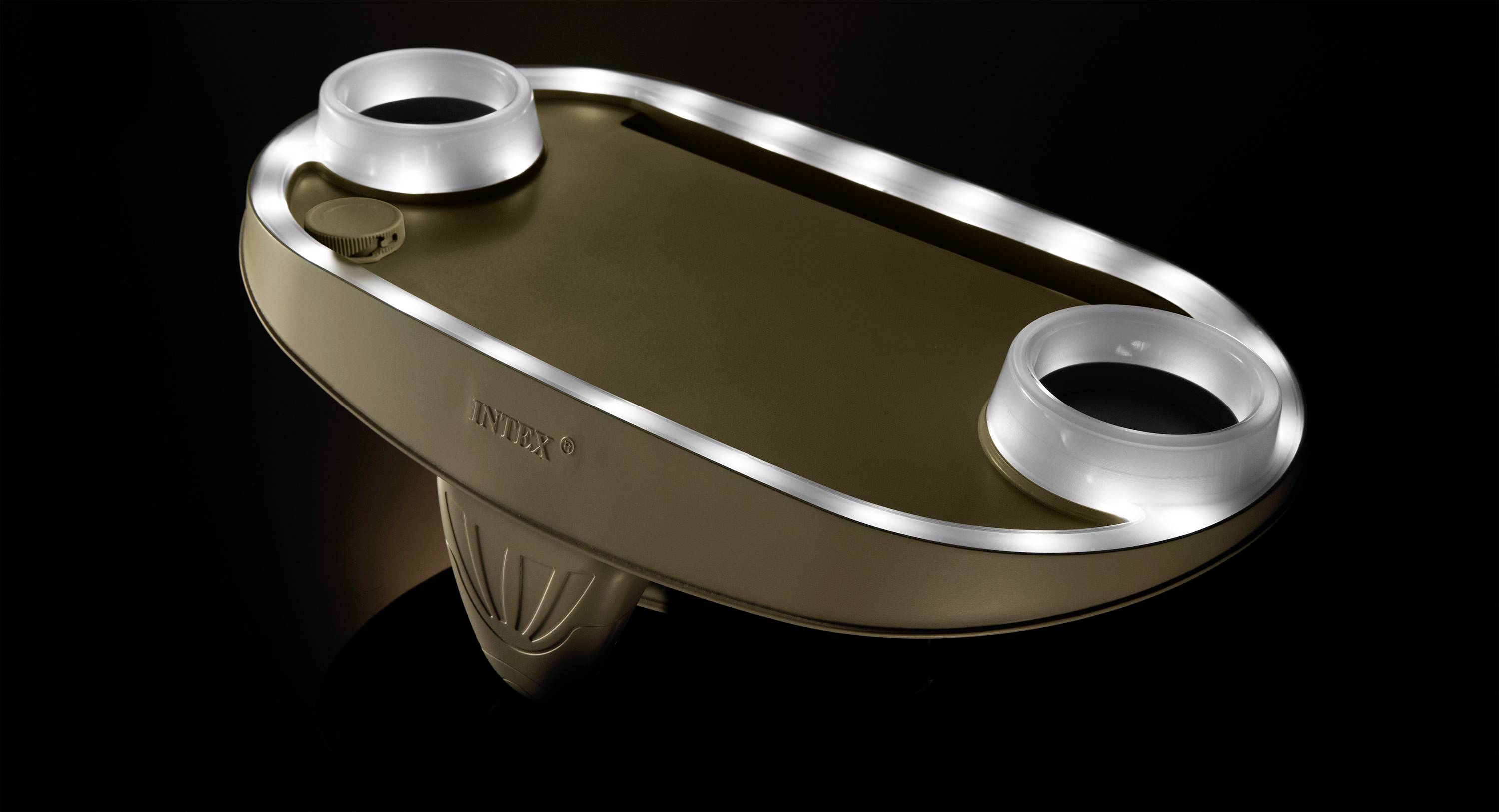 A floating, brown drinks table with two built-in drink holders and an LED light rim for the swimming pool.