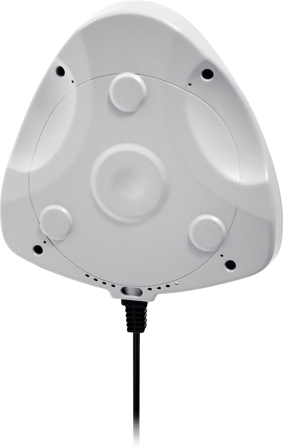 Grey, triangular plastic cover with rounded edges and two screw holes, with a black cable attached.