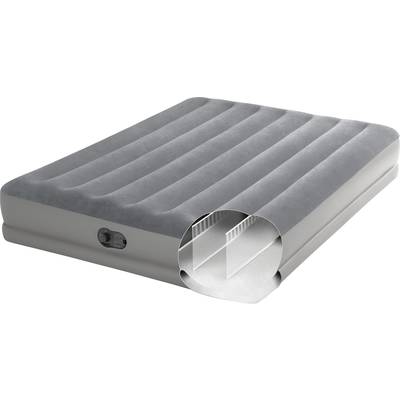 Grey-blue inflatable airbed with integrated electric pump and internal stabilising structure, detailed view.
