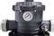 Black and grey pump housing with pressure gauge; display shows approximately 2.5 bar; two side connections; industrial design.