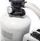A white sand filter with a black cap and hoses, used for water purification in swimming pools.