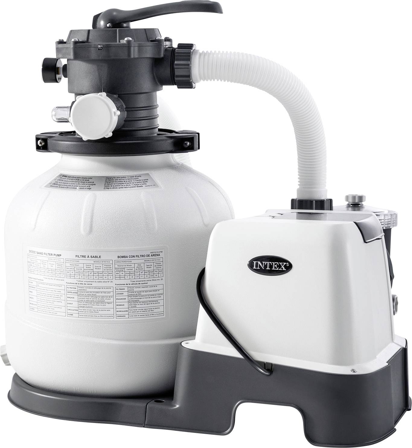 A grey and white sand filter with attached hose, suitable for cleaning pool water. Manufacturer logo 'INTEX' visible.