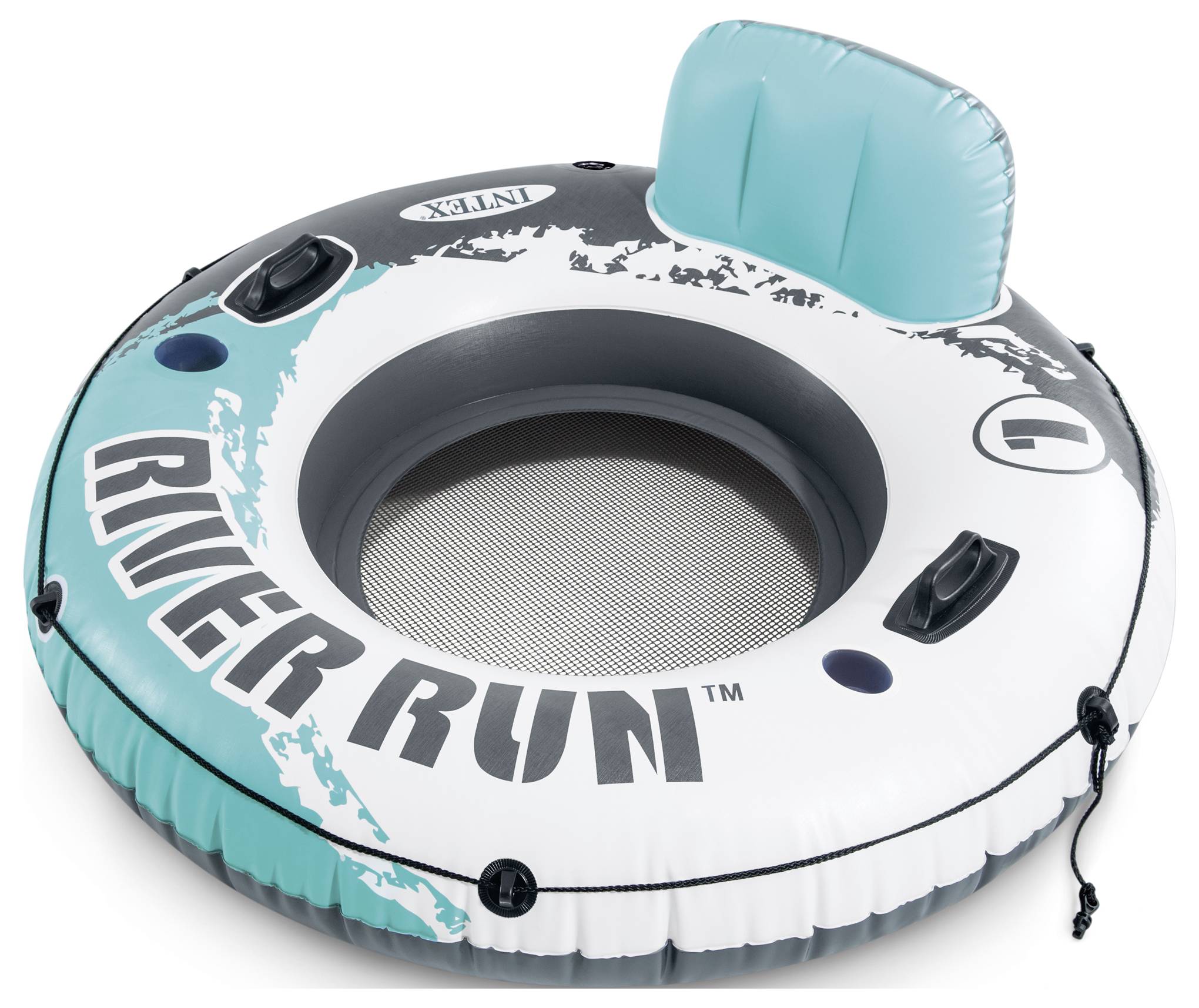 Inflatable swim ring with backrest and handles, printed with 'River Run'.