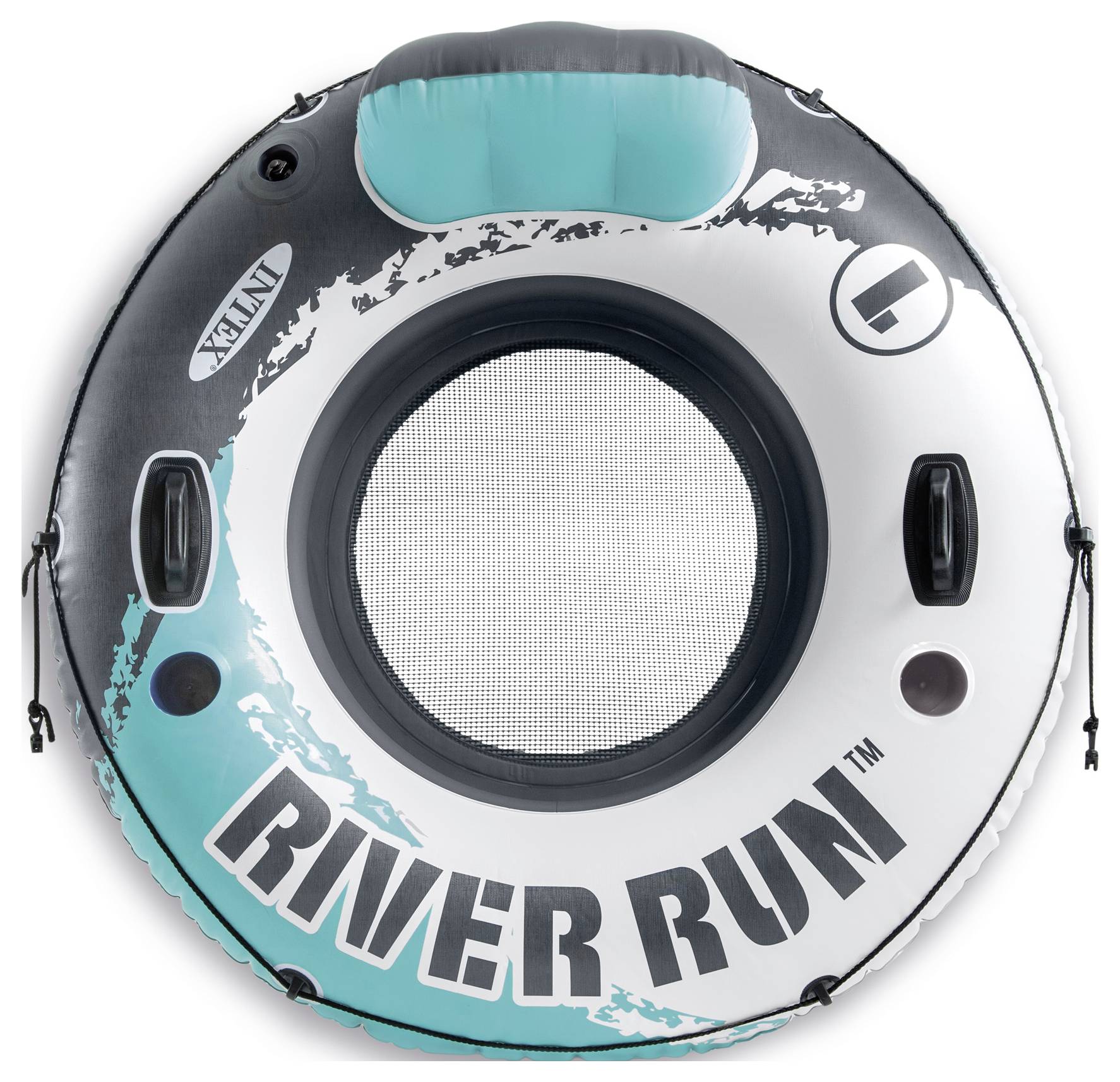 Swimming ring with the inscription 'River Run', equipped with two handles and a backrest, primarily in white and turquoise.