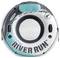 Swimming ring with the inscription 'River Run', equipped with two handles and a backrest, primarily in white and turquoise.