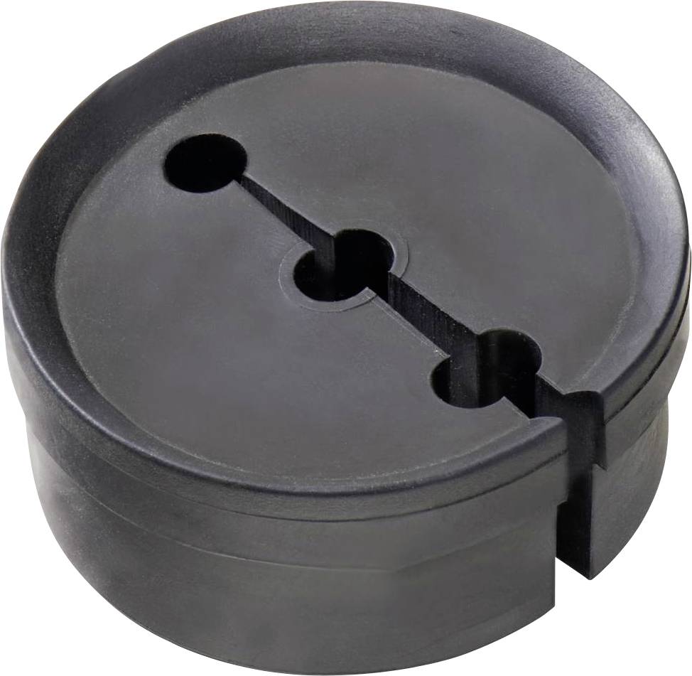 A black, round, flat plastic cap with an opening and two different hole sizes for attachment or protection.