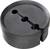 A black, round, flat plastic cap with an opening and two different hole sizes for attachment or protection.