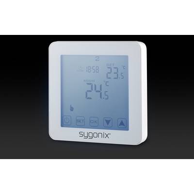 A digital thermostat displays the current room temperature of 24 °C and the set target temperature of 23.5 °C on a blue display.