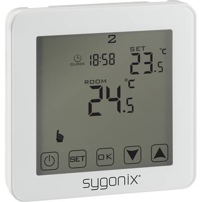 Digital thermostat display: Time '18:58', set temperature '23.5°C', room temperature '24.5°C', buttons below.