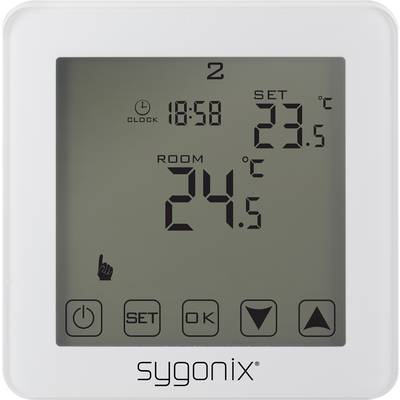 Digital thermostat showing time 18:58, set temperature 23.5°C, room temperature 24.5°C, settings symbols.