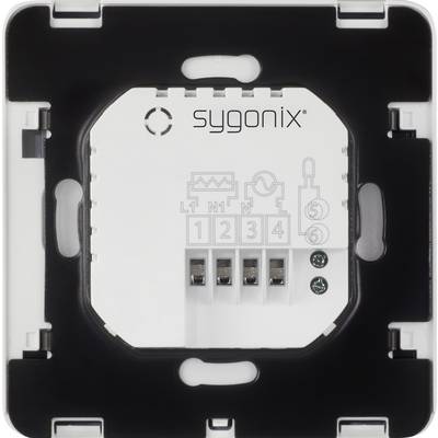 A square electrical switch with four terminals, labelled with 'sygonix'. Symbols indicate connections and functions.