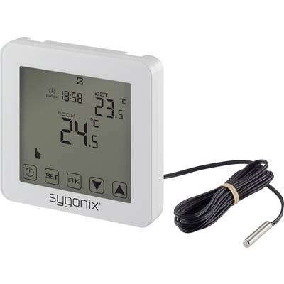 Digital thermostat with large display showing 'ROOM' temperature of 24.5°C and 'SET' temperature of 23.5°C. Cable with sensor connected.