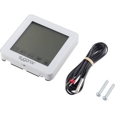 White digital thermostat with large display, marked with 'sygonix'. Includes a long cable and two screws.