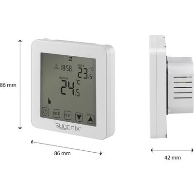 A white digital thermostat with LCD display, showing room temperature of 24.5°C and set temperature of 23°C. Dimensions: 86x86x42 mm.