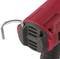 Red cordless screwdriver with a hook on the back, rear view.