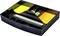 A black organiser with yellow sticky notes, highlighters, two white pencils, and paper clips. Marked with 'HAN'.