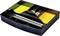 Black desk organiser with sticky notes, two pens, paperclips, and highlighters in various colours.