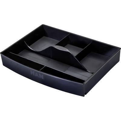 Black desktop organiser tray with multiple compartments for storing office supplies.
