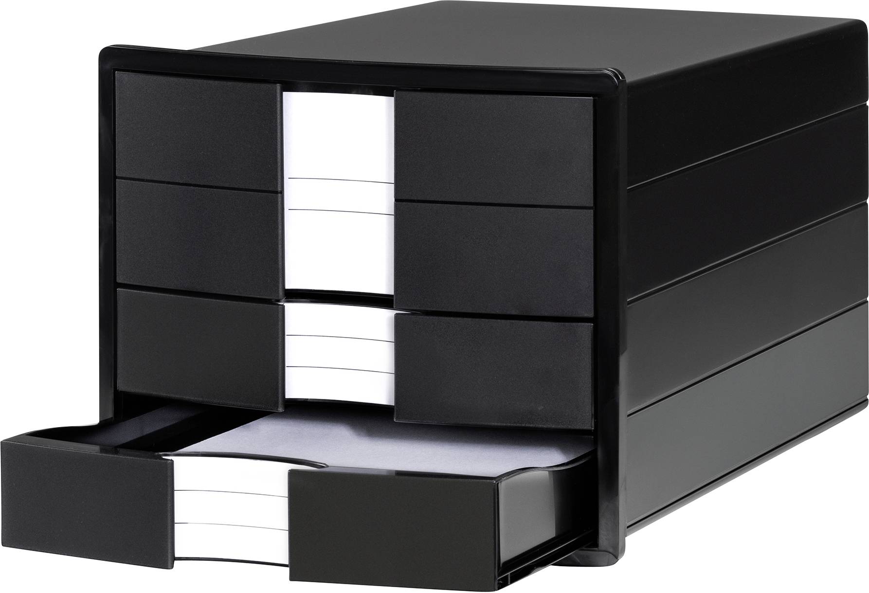 A black drawer organiser with multiple drawers, one open revealing a visible stack of papers.