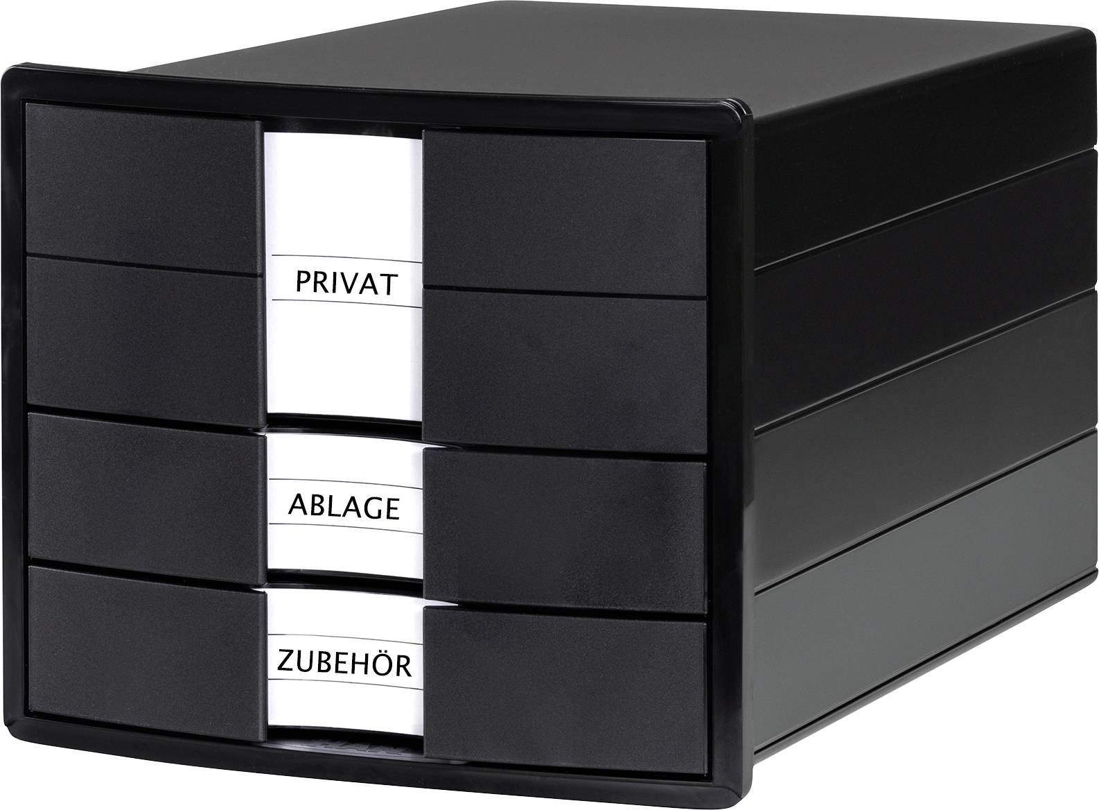 Black drawer unit with three labelled drawers: 'Personal', 'Filing', 'Accessories'.