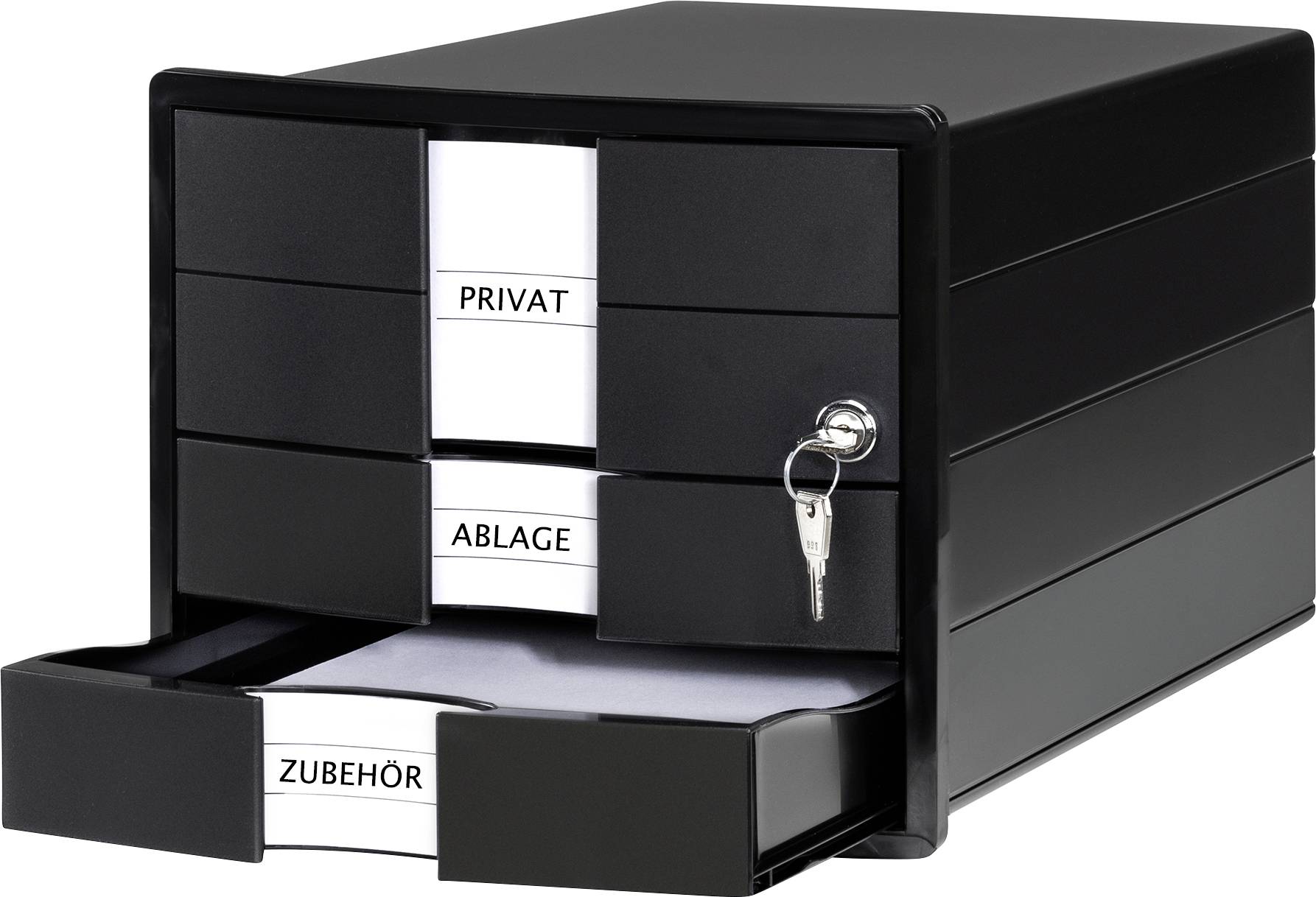Black filing cabinet with three open drawers, labelled 'PRIVATE', 'FILING', 'ACCESSORIES', with key in lock.