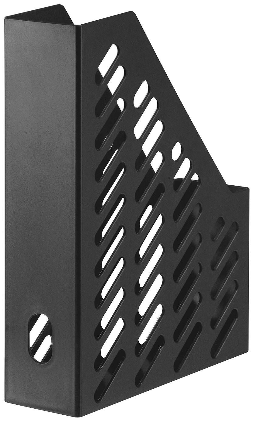 A black plastic magazine rack with angled, rectangular cut-outs on the sides.