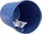 A blue wastepaper bin lies on its side, containing crumpled white paper.