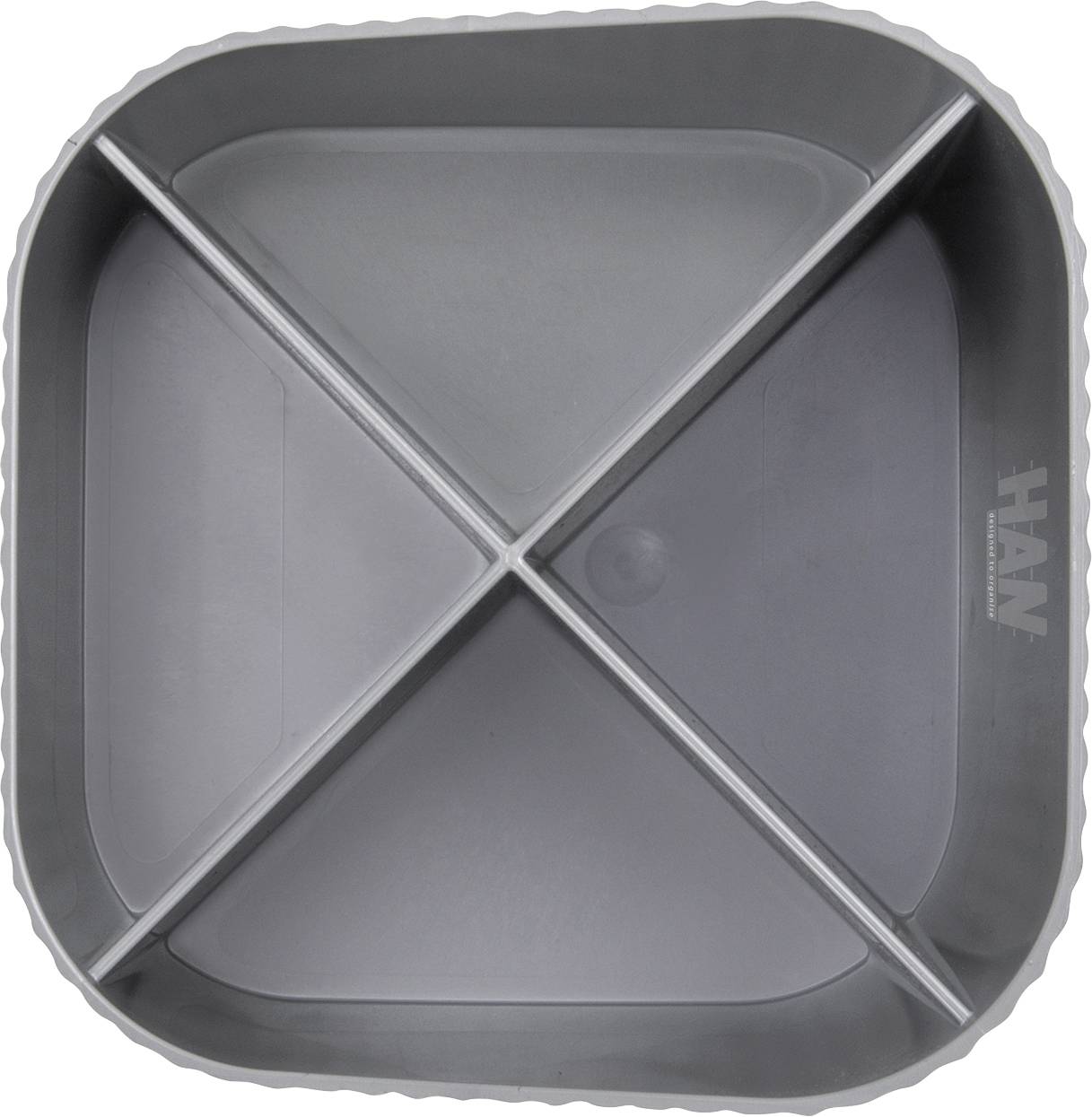 Four-section grey plastic tray with raised edges; suitable for storing small items.