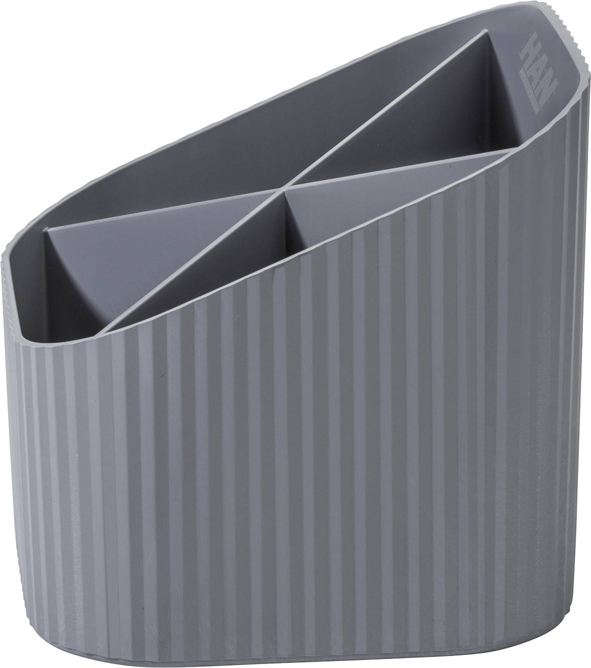 Grey, diagonally cut pencil holder with four compartments for organised storage of office supplies.