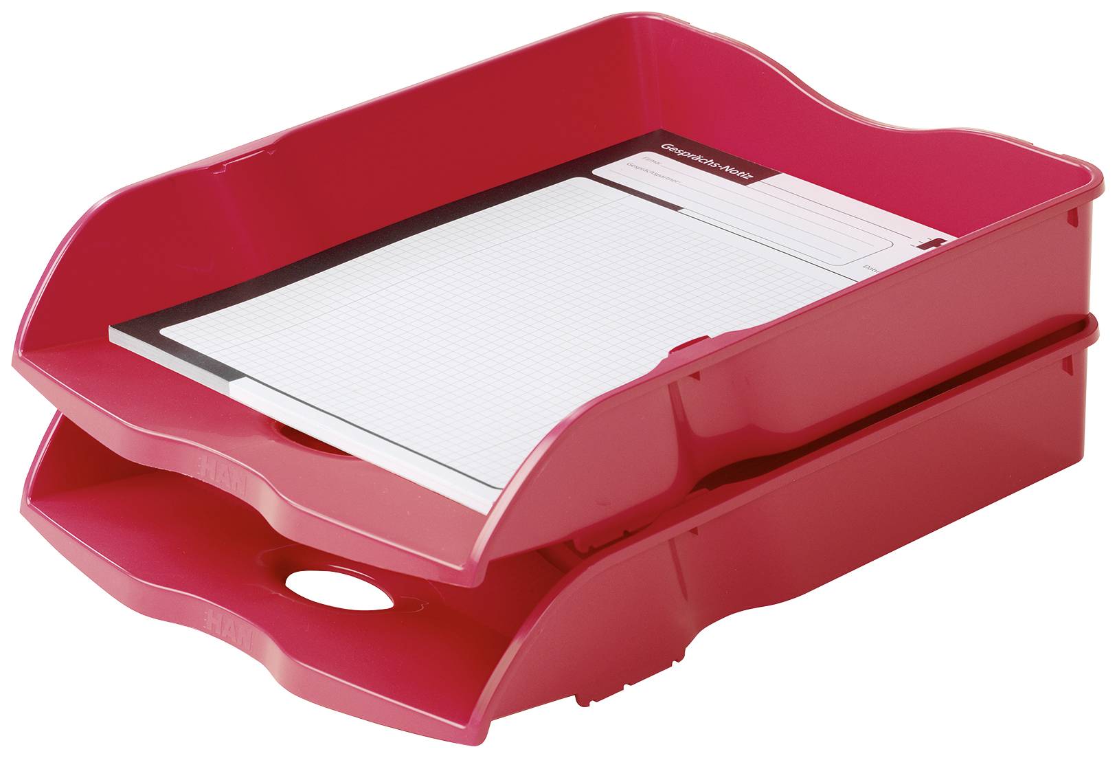 Red plastic two-tier filing tray with an upper compartment containing a notepad with a check pattern; suitable for office organisation.