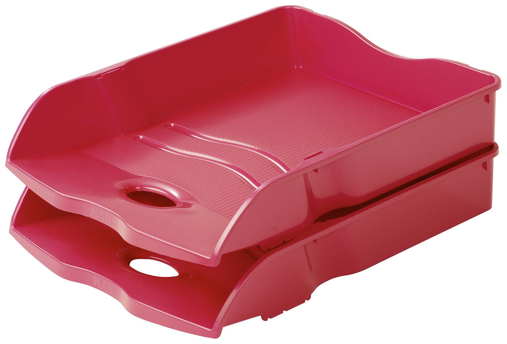 Two red plastic storage trays stacked on top of each other, with rounded front edges and curved side contours.