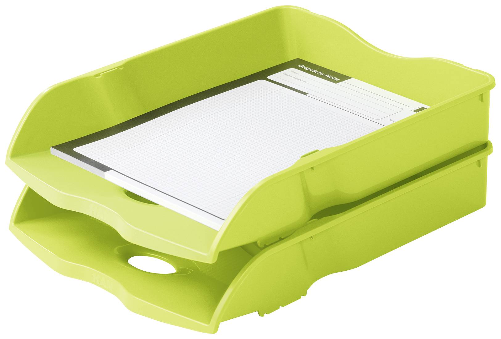 A green, double-tiered storage tray with a notepad on top. The tray has curved edges and is made of plastic.