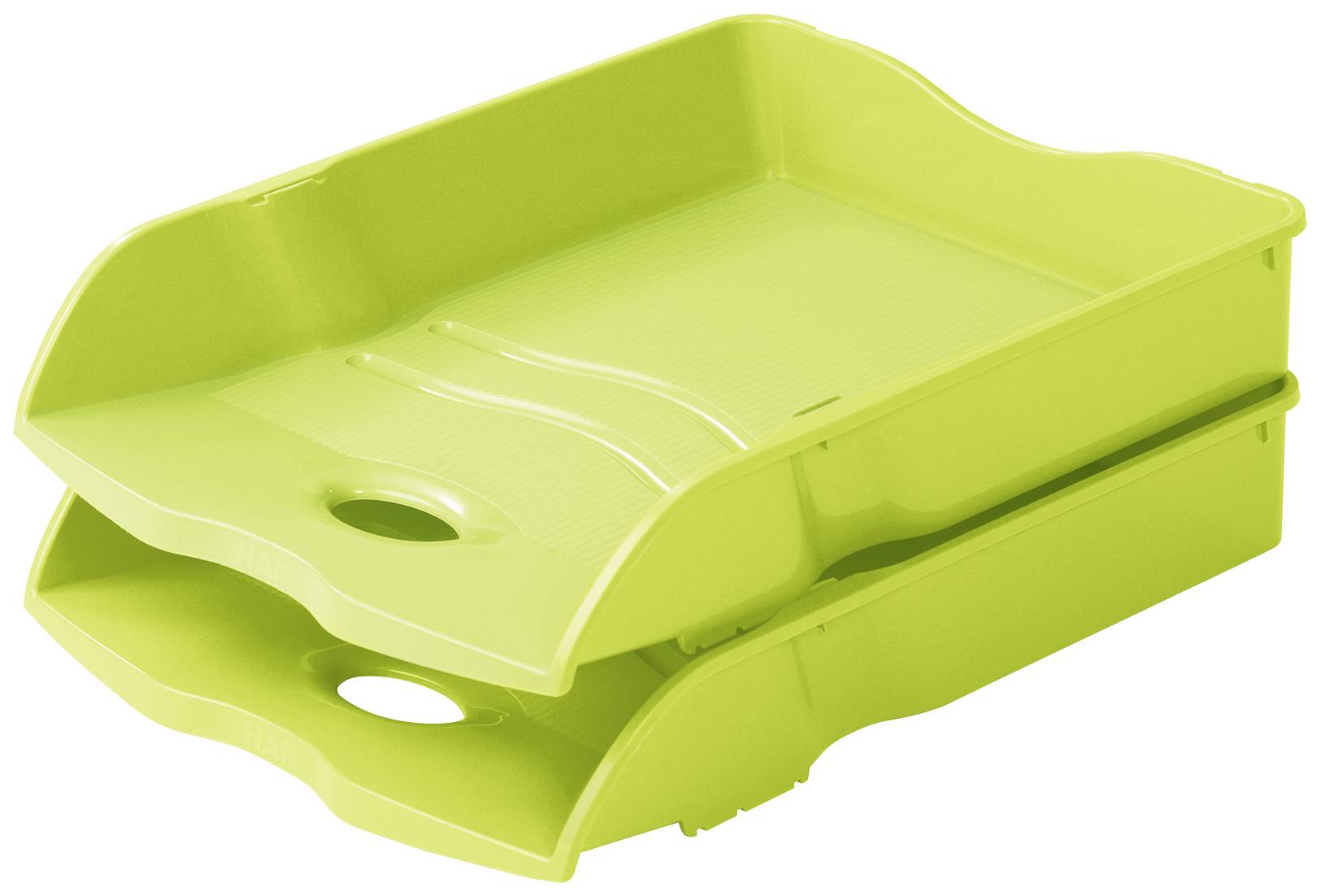 Two green, stacked plastic filing trays used for organising and arranging documents on a desk.