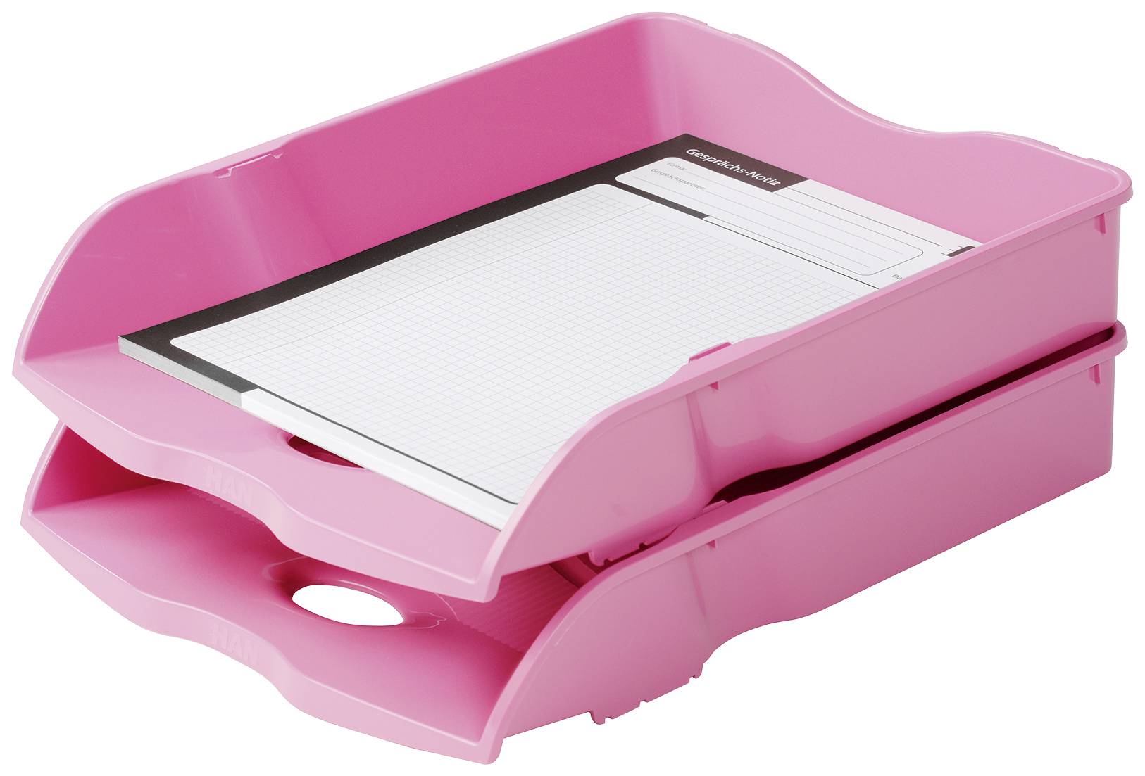 Two pink trays stacked on top of each other, with the upper tray containing a lined notepad.