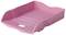 A pink plastic document tray, rectangular with a raised edge and a grip opening on the short side, for organising documents.