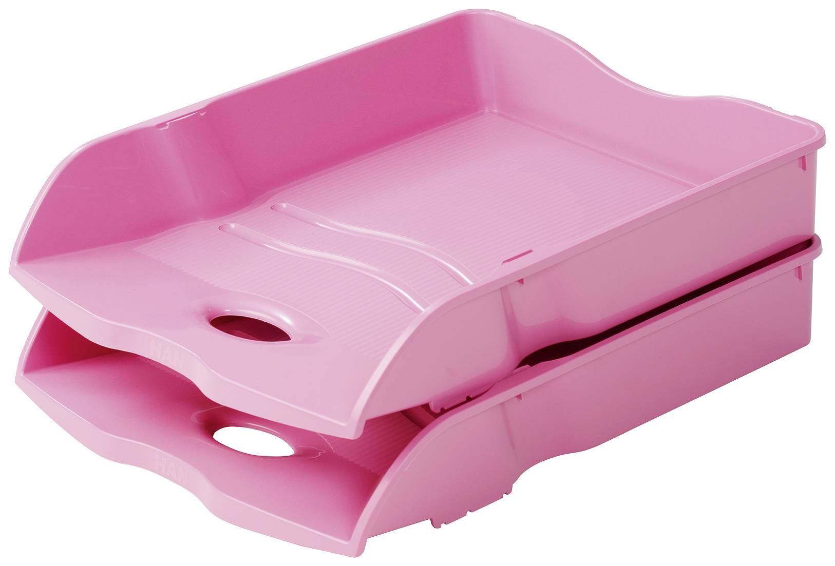 Two pink paper trays stacked on top of each other with oval cut-outs on the front.